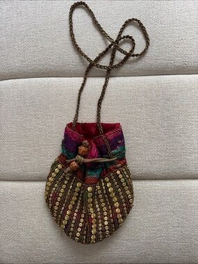 Embellished Beaded Drawstring Pouch Bag - Multicolor